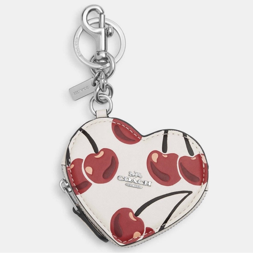 Coach Heart Coin Pouch Bag Charm With Cherry Print Silver Hardware Style CZ091